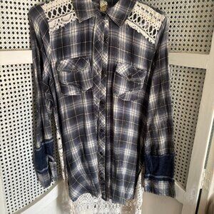 Gimmicks by EKE flannel, size S with lace & jean embellishments